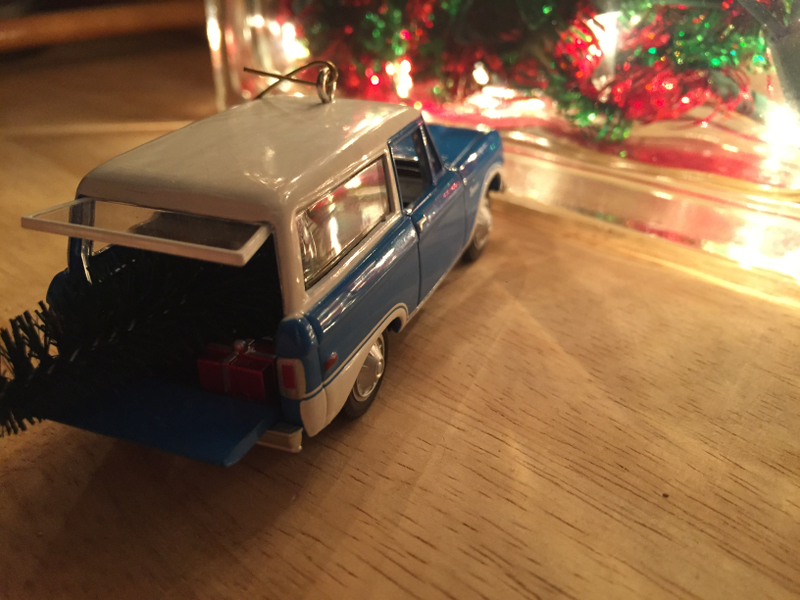 It’s a 1970 Ford Bronco, replete with tree and gift for the holidays.